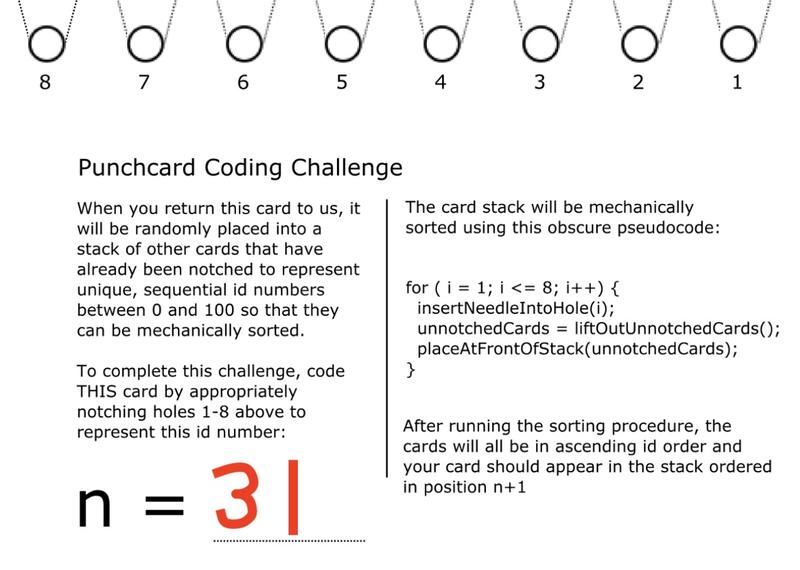 The front of a card, showing the punchcard holes and challenge instructions