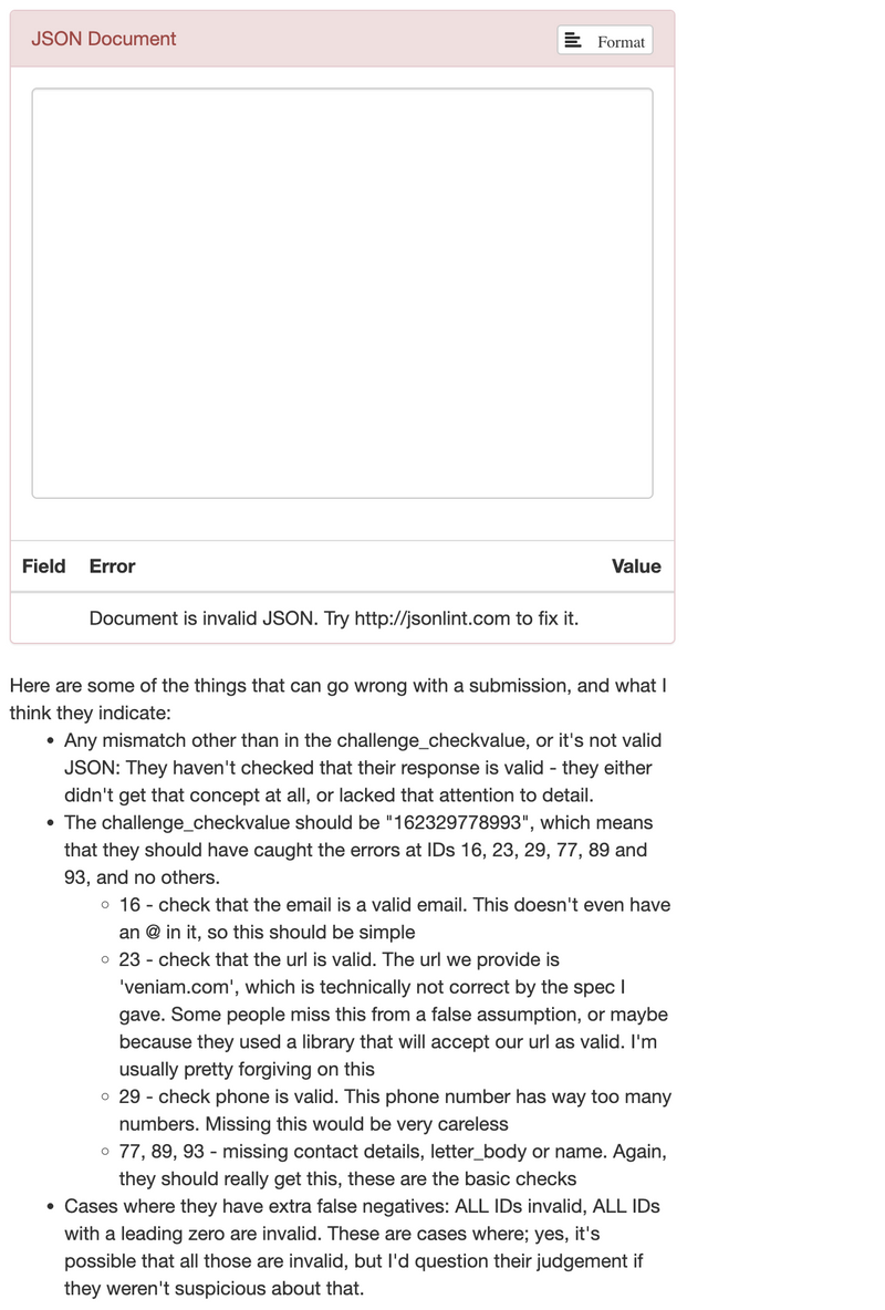 Screenshot of the app, showing the results of validating a submitted JSON document